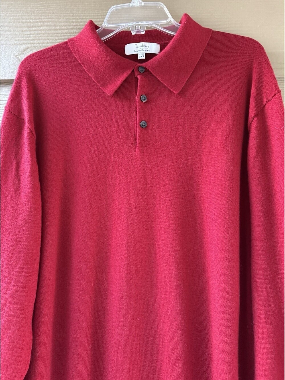 Turnbury Men's Extra Fine Merino Wool Dark Red Long Sleeve Polo Sweater Size 2XT - Picture 4 of 9